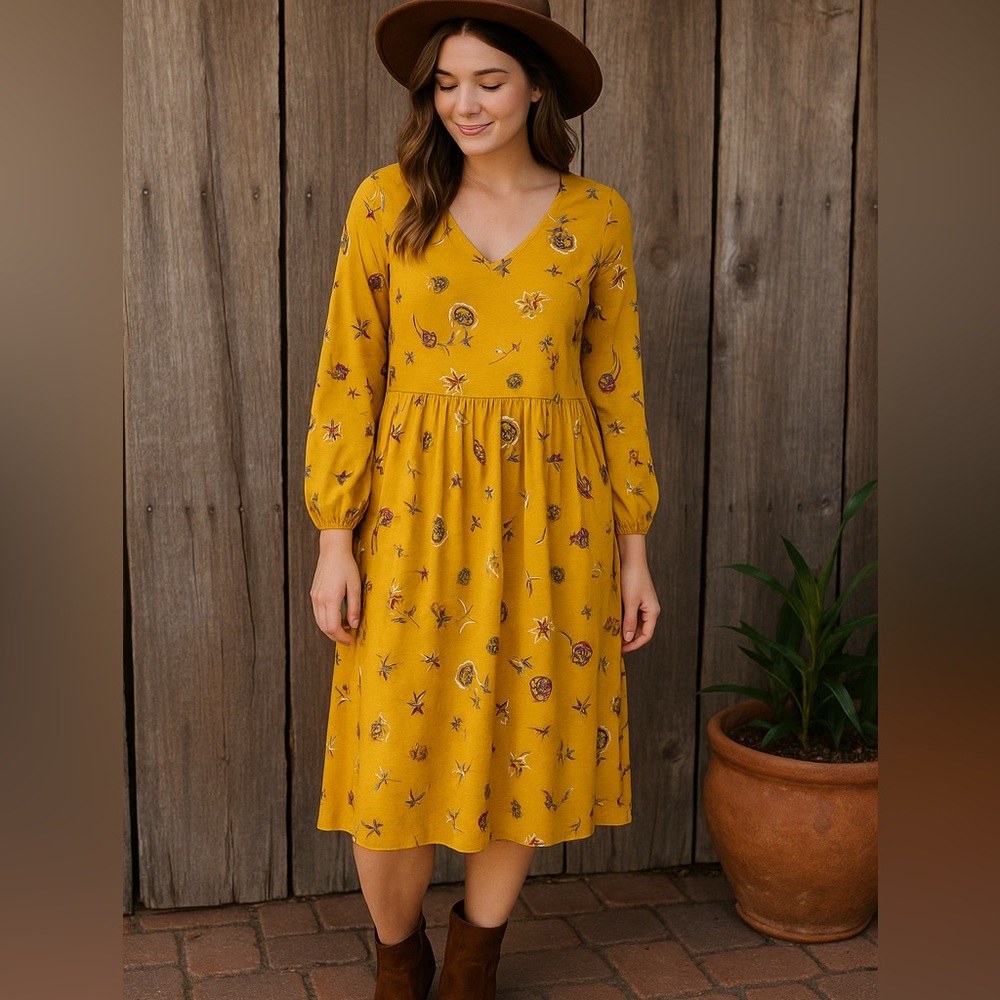 Old Navy Mustard‎ Yellow Fall Floral Babydoll Dress Size L